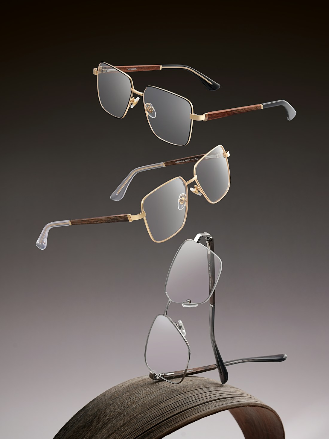 Metal eyeglass frames photographed in a studio